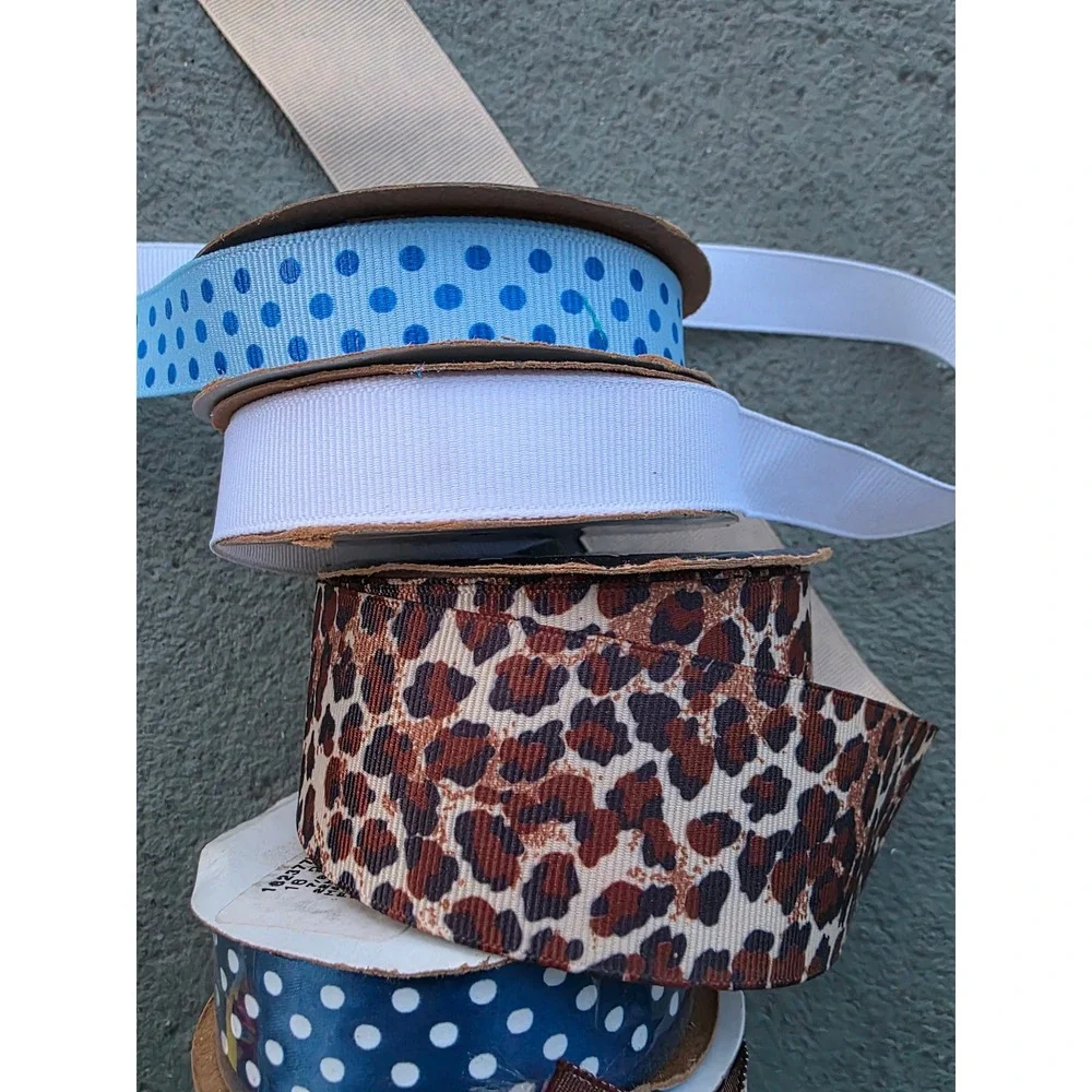 Offray Ribbon Lot 9‎ Spools Leopard Polka Dot Gingham Stars Grosgrain Wired A5